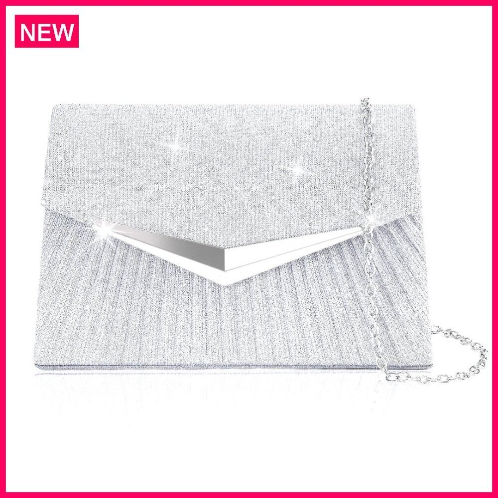 Sparkly Pleated Evening Clutch with Detachable Chain for Formal Events